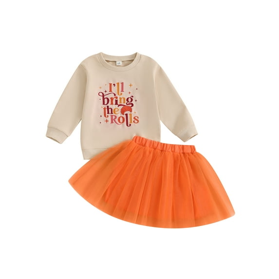 Toddler Kids Little Girl Thanksgiving Outfit 12 18 24 Months 2T 3T 4T 5T 6T 7T Letter Embroidery Long Sleeve Sweatshirt with Orange Tulle Skirt 2 Pcs Clothing Set