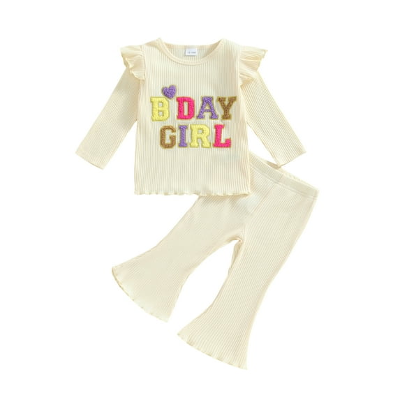Toddler Kids Little Girls Birthday Outfit Sets Flying Sleeve Letter Embroidery Tops Solid Color Flared Pants Clothing Sets