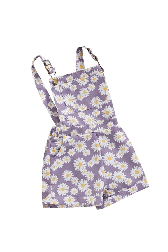 Toddler Kids Little Girls Jean Overalls 6 12 18 24 Months 2T 3T 4T 5T 6T Daisy Print Sleeveless Adjustable Strpas Imitation Denim Shortall Summer Romper Jumpsuit