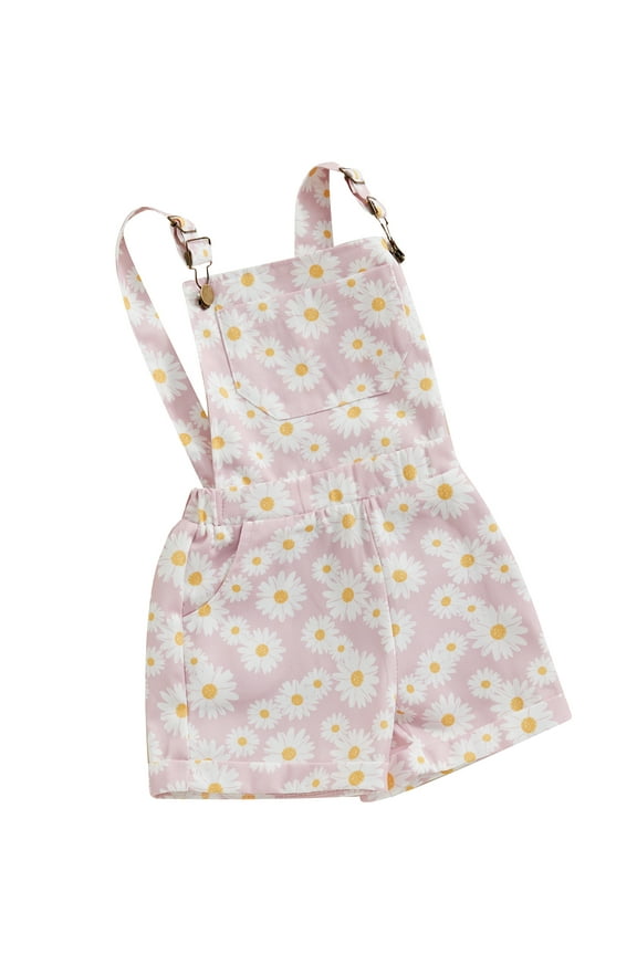 Toddler Kids Little Girls Jean Overalls 6 12 18 24 Months 2T 3T 4T 5T 6T Daisy Print Sleeveless Adjustable Strpas Imitation Denim Shortall Summer Romper Jumpsuit