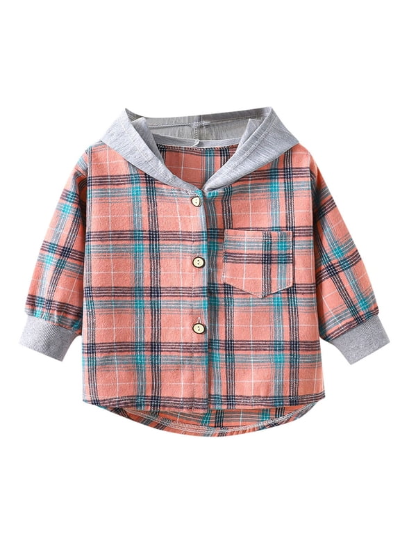 Toddler Kids Long Sleeve Hooded Plaid Shirt, Boys Girls Button Down Flannel Top, Casual Fall Outerwear Layer
