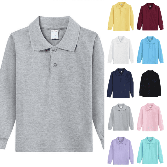 Toddler Kids Long Sleeve Polo Shirt Solid Casual Gentleman Top for Holiday School Boys Girls Gray 150
