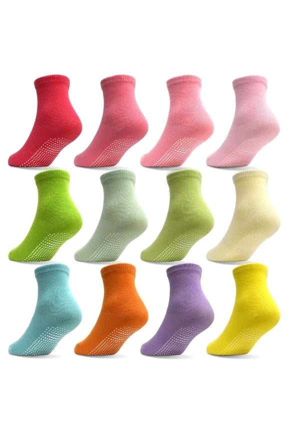 Toddler Kids Non Slip Socks- 12 Pairs Anti Slip Socks for Girls Boys 1-7 Years Old Everyday Wear, Assorted Colors Children Socks with Grip(#1 Multicolor,1-3T)