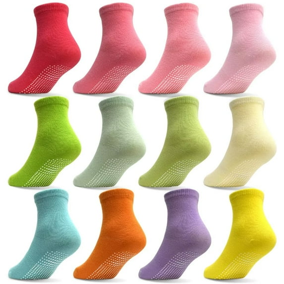 Toddler Kids Non Slip Socks- 12 Pairs Anti Slip Socks for Girls Boys 1-7 Years Old Everyday Wear, Assorted Colors Children Socks with Grip(#1 Multicolor,1-3T)