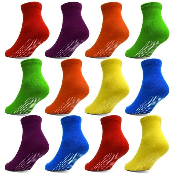 Toddler Kids Non Slip Socks- 12 Pairs Anti Slip Socks for Girls Boys 1-7 Years Old Everyday Wear, Assorted Colors Children Socks with Grip(#2 Rainbow,5-7 Years)