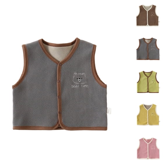Toddler Kids Oat Fleece Vest Baby Cartoon Bear Embroidery Sleeveless Waistcoat Reversible Warm Button Up Outerwear Vest for Boys Girls Autumn Daily Wear(Grey,0-12 Months)
