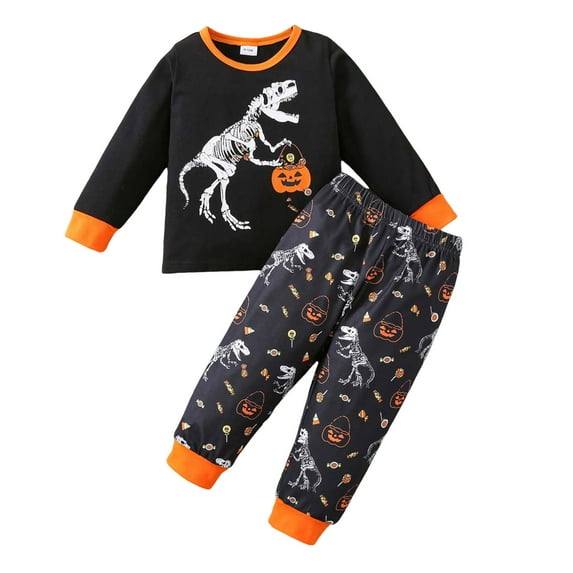 Toddler Kids Outfit Dinosaur Printing Boys Winter Long Sleeve Cartoon Pumpkins Tops Pants 2PCS Outfits Fall Clothes Set Party Featival Clothes For Child