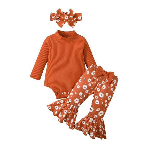 Toddler Kids Outfit Floral Printing Girls Long Sleeve Ribbed Romper Bodysuit Printed Bell Bottoms Pants Headbands Outfits Party Featival Clothes For Child