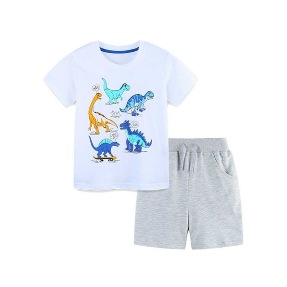 Toddler Kids Outfit Sets Cartoon Dinosaur Print T-Shirt And Shorts Set Summer Leisure Wear Cute Children Boys Girls Outfit Sets,2Piece,1 -2 Years