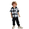 thumbnail image 1 of Toddler Kids Outfit Sets Short Sleeve Patchwork Plaid Prints T-Shirt Hooded Tops And Pants Kids Boys Girls Retro Stylish Outfit Sets，2Piece，2 -3 Years, 1 of 6