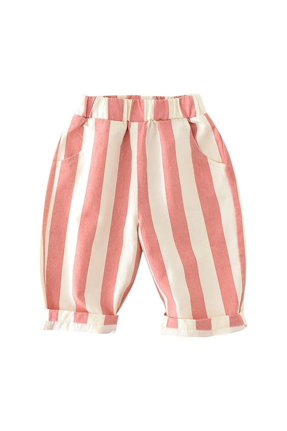Toddler Kids Pull on Cottons Pants, Boys Girls Striped Bloomer Trousers Elastic Basic Joggers Pants 2Y