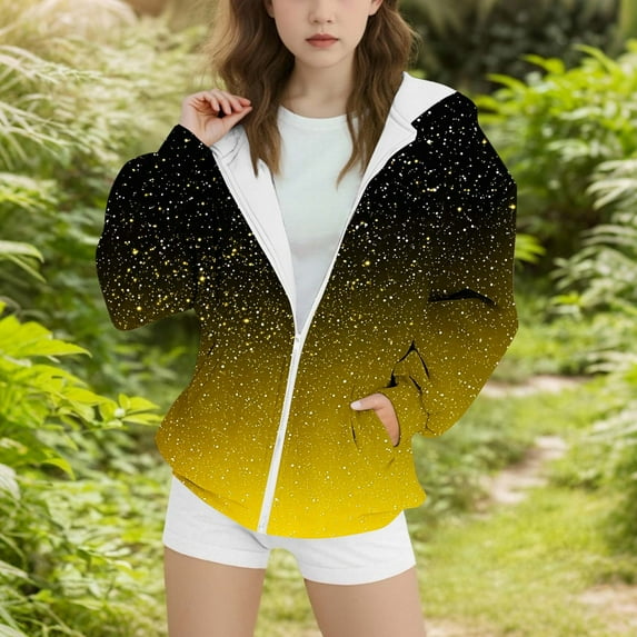 Toddler Kids Pullover Sweatshirts New Zip up Hoodies for Girls Gradient Sequin Hooded Sweatshirts Long Sleeve Pullover Tops Fall Jacket Coats with Pockets Yellow 8-9 Years