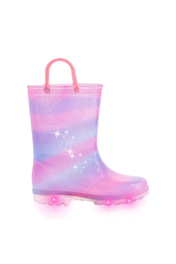 Toddler Kids Rain Boots Girls Light Up Waterproof Boots with Handles, Pinkish Purple, Size 10
