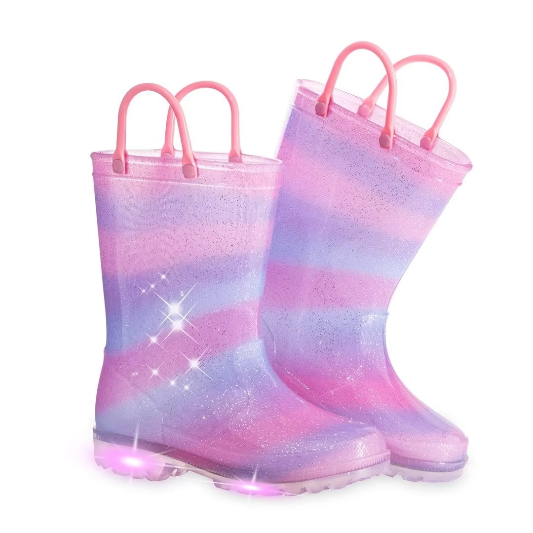 Toddler Kids Rain Boots Girls Light Up Waterproof Boots with Handles, Pinkish Purple, Size 11
