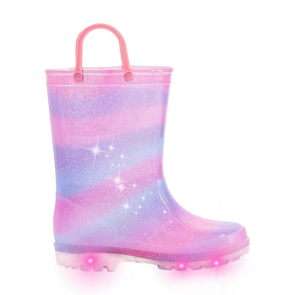 FUNCOO PLUS Toddler Kids Rain Boots Girls Light Up Waterproof Boots with Handles, Pinkish Purple, Size 6