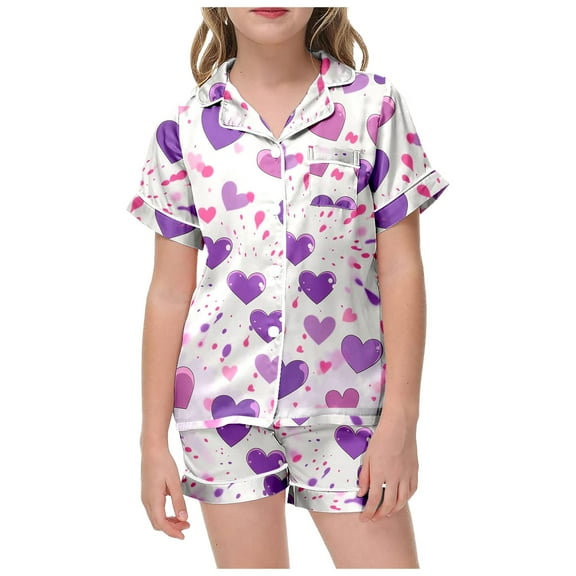 Toddler Kids Satin Pajamas Set, Shorts Sleeve Button-Down Sleepwear PJs for Girls Valentine's Day Printed Pajamas Short Sleeved Button Top Shorts Home Pajamas Set