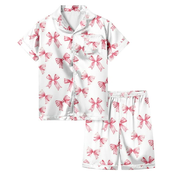 Toddler Kids Satin Pajamas Set, Shorts Sleeve Button-Down Sleepwear PJs for Girls Valentine's Day Printed Pajamas Short Sleeved Button Top Shorts Home Pajamas Set