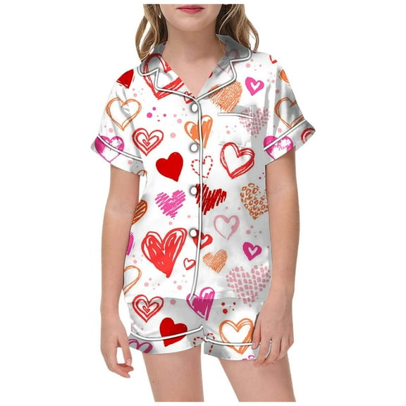 Toddler Kids Satin Pajamas Set Valentines Print Short Sleeve Button-Down Sleepwear Pjs For Kids Satin Pajamas For Girls Red 12 Y-13 Y