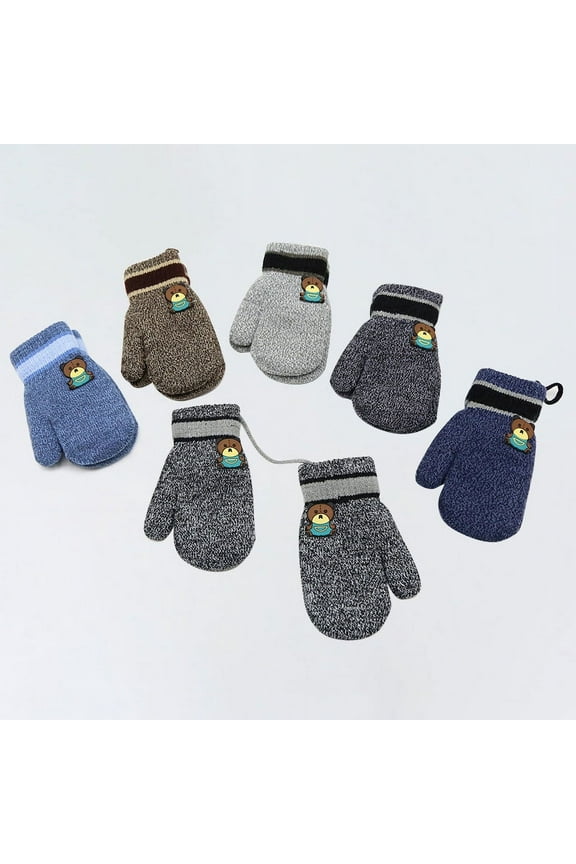 Toddler Kids Short Knitted Gloves Winter Thick Fleece Lining Mittens for 1-3 Years Old Khaki