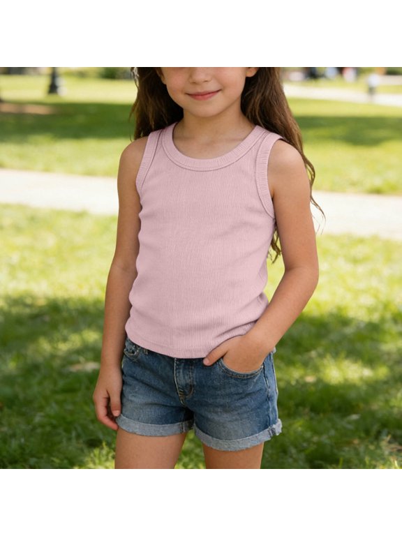 Toddler Kids Sleeveless Ribbed Knit Shirts Girls Solid Color Summer Tank Tops Comfortable Stretch Camisole for Sports Dance Beach Casual Wear Lightweight Activewear, Size 3-4