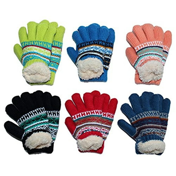 Toddler-Kids Soft And Warm Fuzzy Interior Lined Gloves 6-Pack