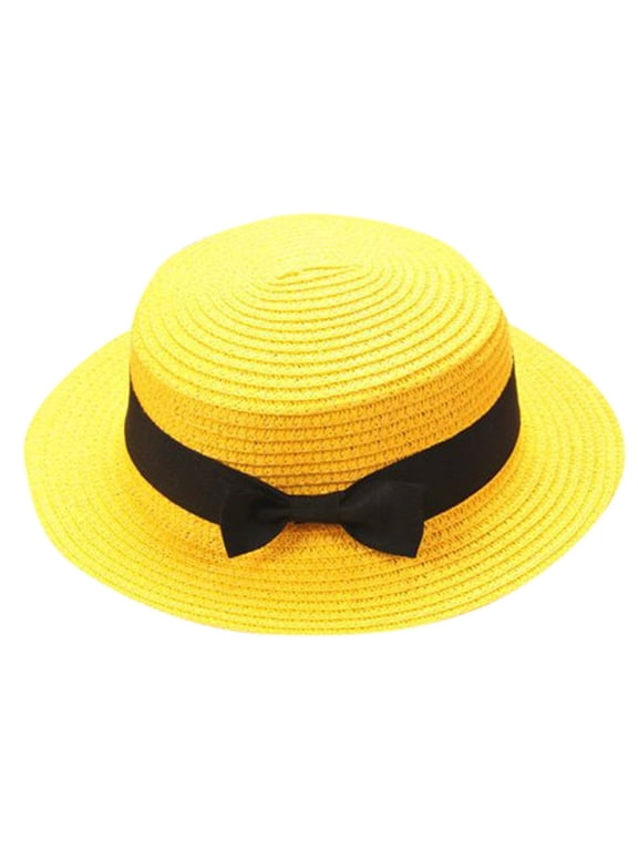 Toddler Kids Straw Bucket Hat with Bowknot Wide Brim Breathable Roll Up Sun Hat for Boys Girls Beach