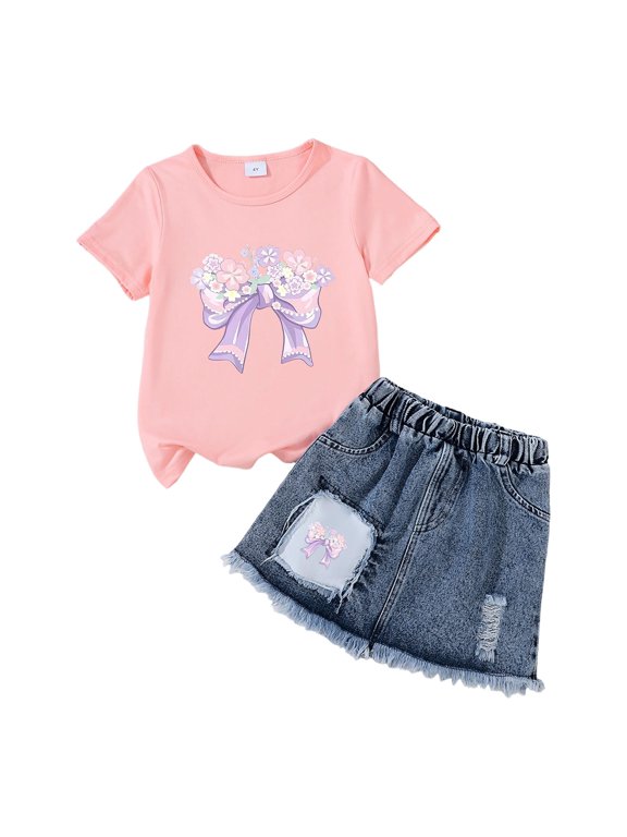 Toddler Kids Summer Two-Piece Outfit Floral Print Short Sleeve Top And Ripped Denim Skirt Girl Outfits Kids Clothes Size 2-3T