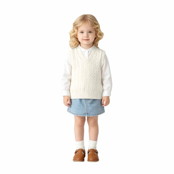 Toddler Kids Sweater Vest V Neck Cable Knit Sleeveless Uniform Knitwear