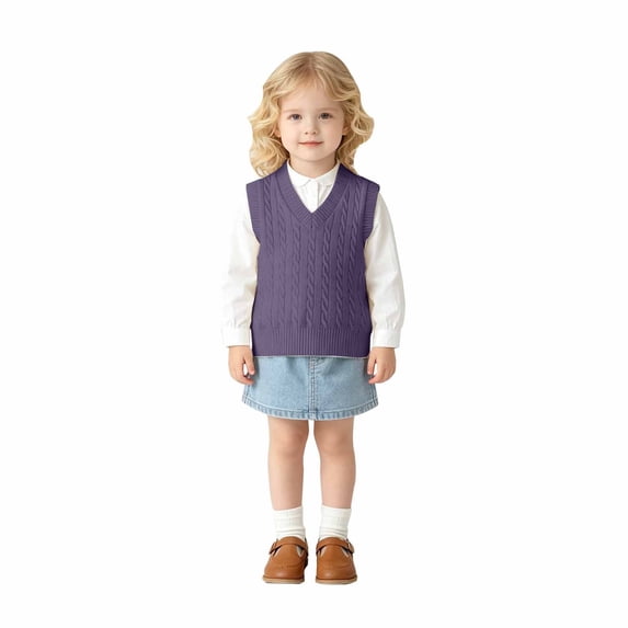 Toddler Kids Sweater Vest V Neck Cable Knit Sleeveless Uniform Knitwear
