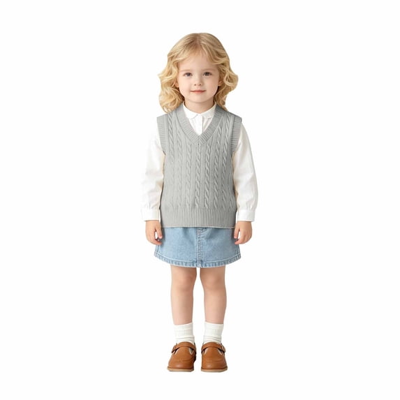 Toddler Kids Sweater Vest V Neck Cable Knit Sleeveless Uniform Knitwear