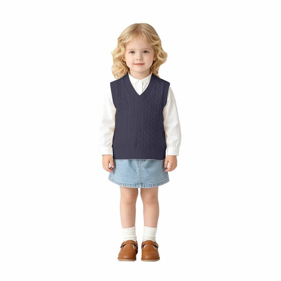 Toddler Kids Sweater Vest V Neck Cable Knit Sleeveless Uniform Knitwear