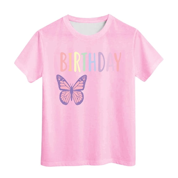 Toddler Kids T-Shirts Birthday Butterfly Print Multicolor Round Neck Short Sleeve Tee Kids Boys Girls Summer Casual School Home Everyday Wear Stylish T-Shirts，8 -9 Years