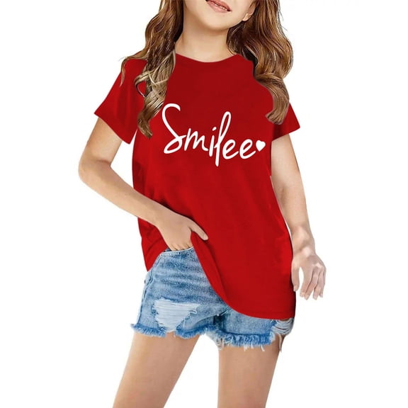 Toddler Kids T-shirts Smilee Letter Printed Basic Tees Short Sleeve Boys Girls Comfy Summer Tshirts (7 Years, Red)
