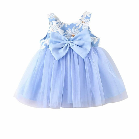 Toddler Kids Tutus Dress, Girls Bowknot Flower Tulles Princess Birthday Party Pageant Dresses Kids Puff Sleeve Dress Blue 3Y