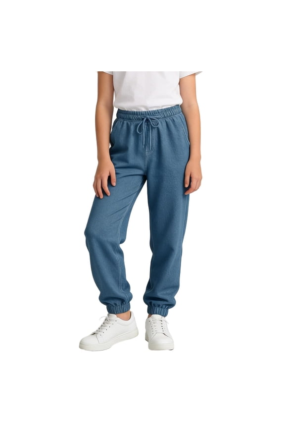 Toddler Kids Unisex Joggers Soft Knit Denim Texture Drawstring Elastic Waist Sweatpants for Play, 5T-16Y