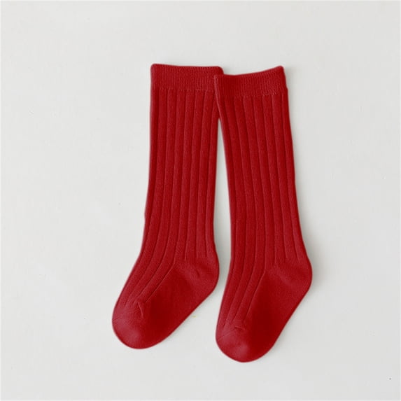 Toddler Kids Vertical Ribbed Knee High Socks Single Pair Soft Combed Cotton Seamless Toe Stretch Breathable Solid Color Calf Socks for Boys Girls 1 To 8 Years Old Red XL