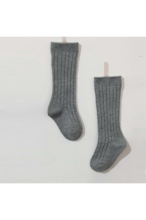 Toddler Kids Vertical Ribbed Knee High Socks Single Pair Soft Combed Cotton Seamless Toe Stretch Breathable Solid Color Calf Socks for Boys Girls 1 To 8 Years Old Gray XS