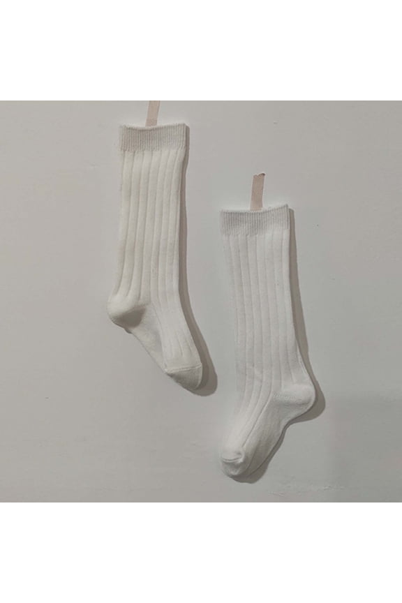 Toddler Kids Vertical Ribbed Knee High Socks Single Pair Soft Combed Cotton Seamless Toe Stretch Breathable Solid Color Calf Socks for Boys Girls 1 To 8 Years Old White XS