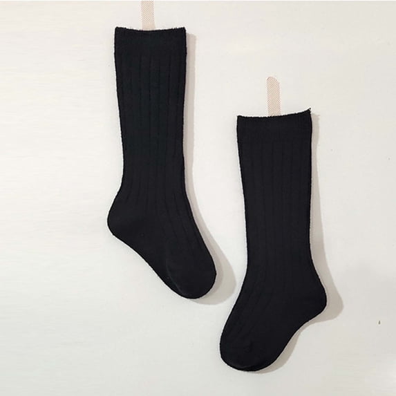 Toddler Kids Vertical Ribbed Knee High Socks Single Pair Soft Combed Cotton Seamless Toe Stretch Breathable Solid Color Calf Socks for Boys Girls 1 To 8 Years Old Black L