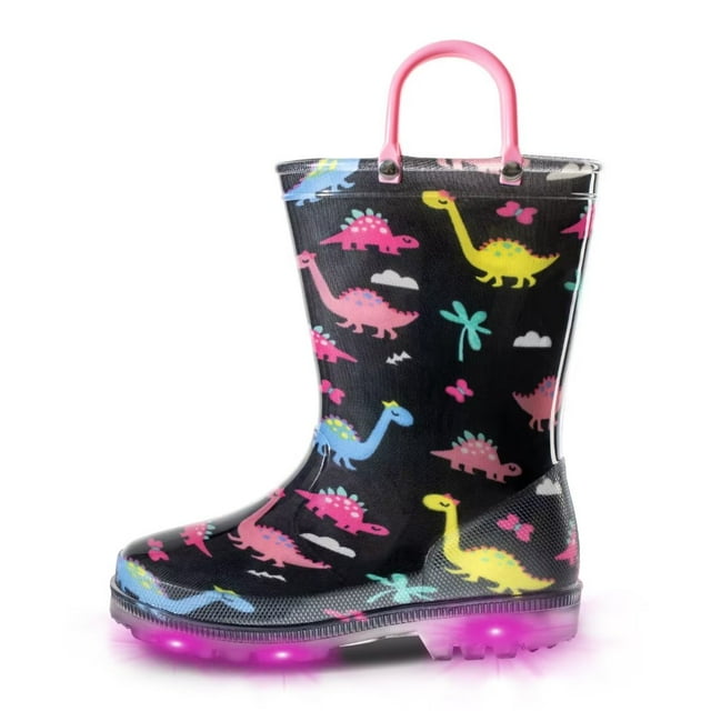 ToddlerKids Waterproof Light Up Rain Boots Girls Adorable Patterns Boots with Handles