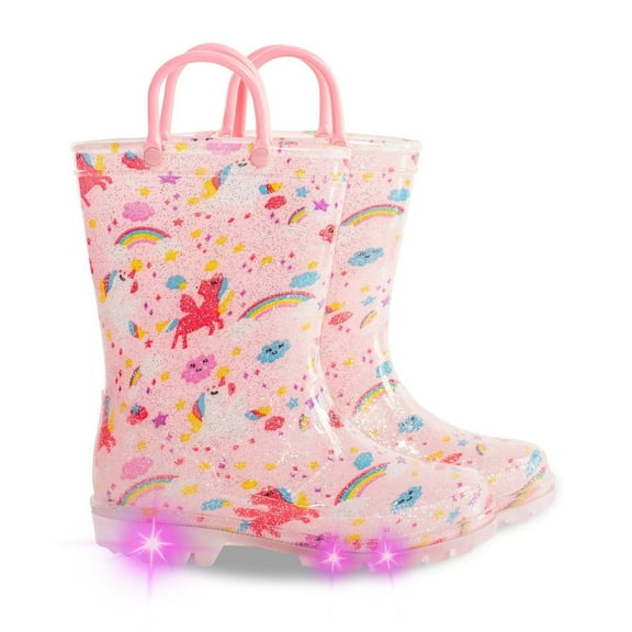 Toddler Kids Waterproof Light Up Rain Boots Patterns and Glitter Boots with Handles for Girls, Pink Unicorn, Size 1