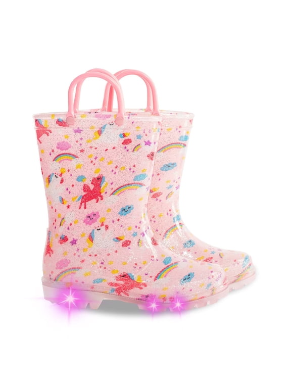 Toddler Kids Waterproof Light Up Rain Boots Patterns and Glitter Boots with Handles for Girls, Pink Unicorn, Size 5