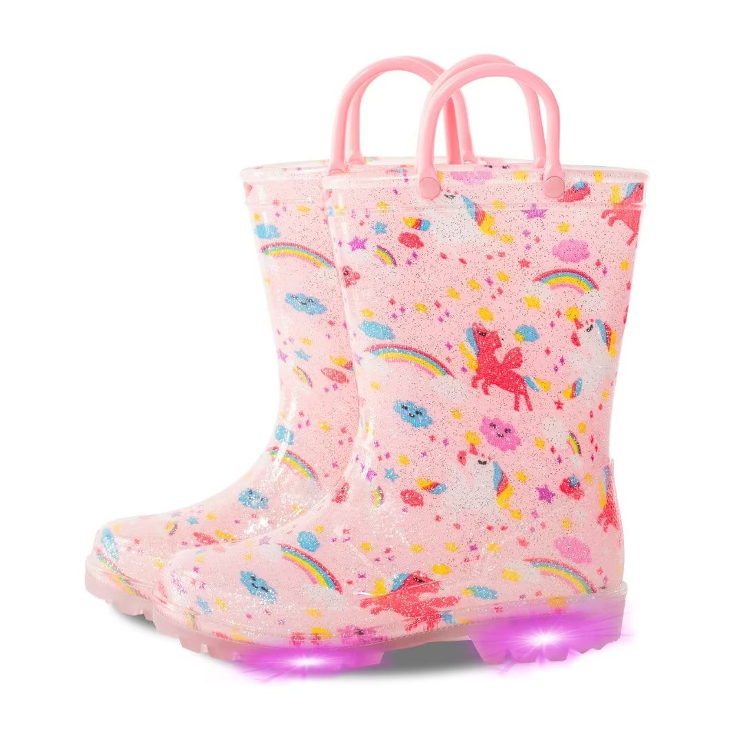 Toddler Kids Waterproof Light Up Rain Boots Patterns and Glitter Boots with Handles for Boys and Girls Size 8 Pink Unicorn