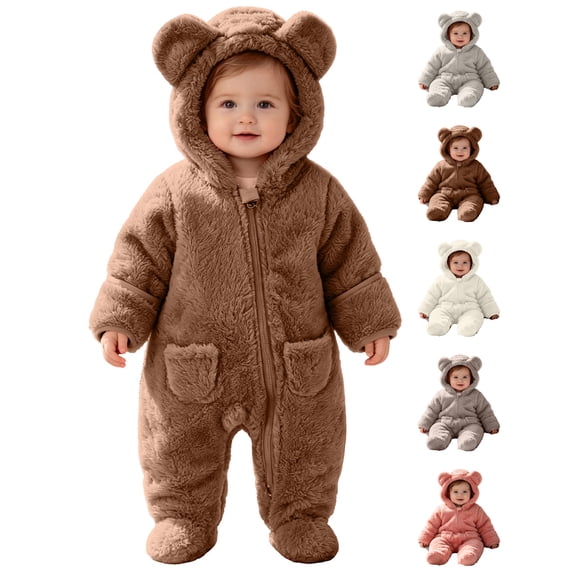 Toddler Kids Winter Clothes,Cute Fleece Warm Solid Color Long Sleeved Zipper Footed Hooded Jumpsuit Rompers,Kids Essentials
