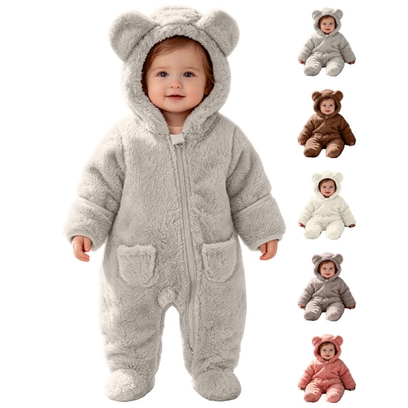 Toddler Kids Winter Clothes,Cute Fleece Warm Solid Color Long Sleeved Zipper Footed Hooded Jumpsuit Rompers,Kids Essentials
