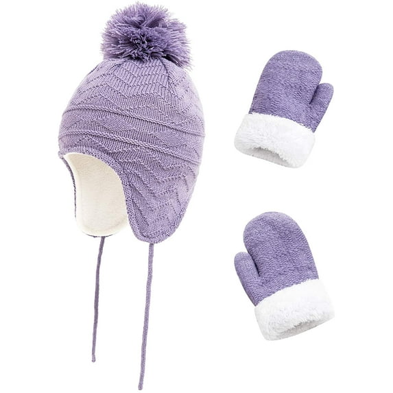 Toddler Kids Winter Hat with Mittens Set, Baby Kids Warm Knit Beanie Hat with Earflap and Fleece Gloves for Boys Girls