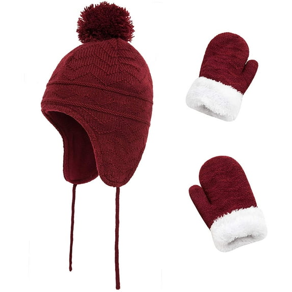 Toddler Kids Winter Hat with Mittens Set, Baby Kids Warm Knit Beanie Hat with Earflap and Fleece Gloves for Boys Girls