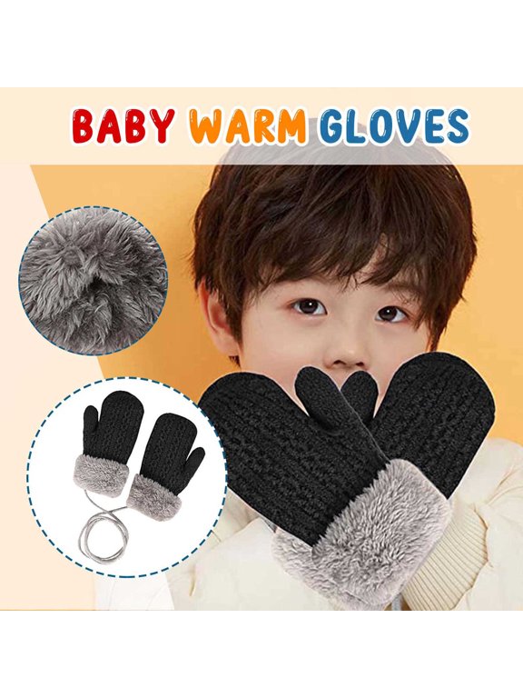 Toddler Kids Winter Warm Plush Mittens Fuzzy and Anti Lost String for Outdoor Play Gloves