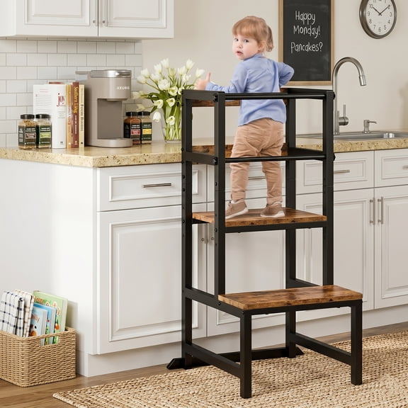Toddler Kitchen Step Stool, Adjustable Height with Safety Rail, Steel & Wood Kitchen Stool for Kids, Toddler Helper Stool for Kitchen, Non-slip Toddler Tower Brown