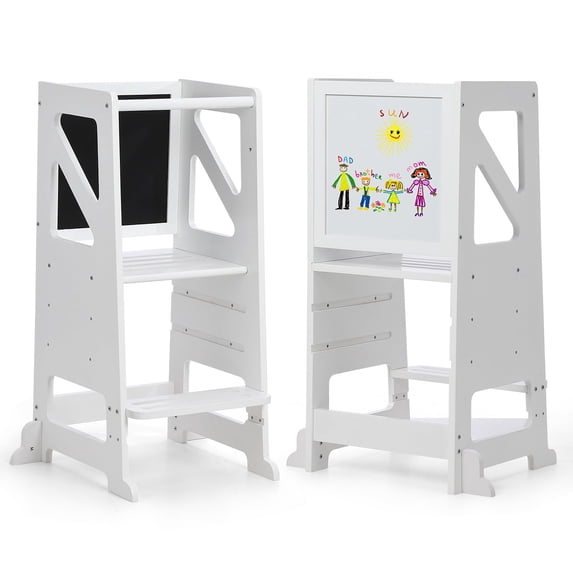 Toddler Kitchen Step Stool, Learning Standing Tower with Blackboard Adjustable Wooden Kitchen Stool Helper for Kids, 1-5 Year Old Boy Girl Gifts